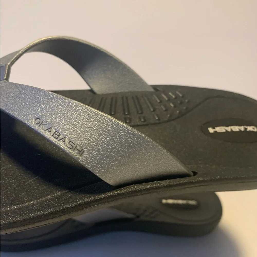 Okabashi Women’s Size LG (8.5-9) Black and Silver Rubber Flip Flops Sturdy EUC